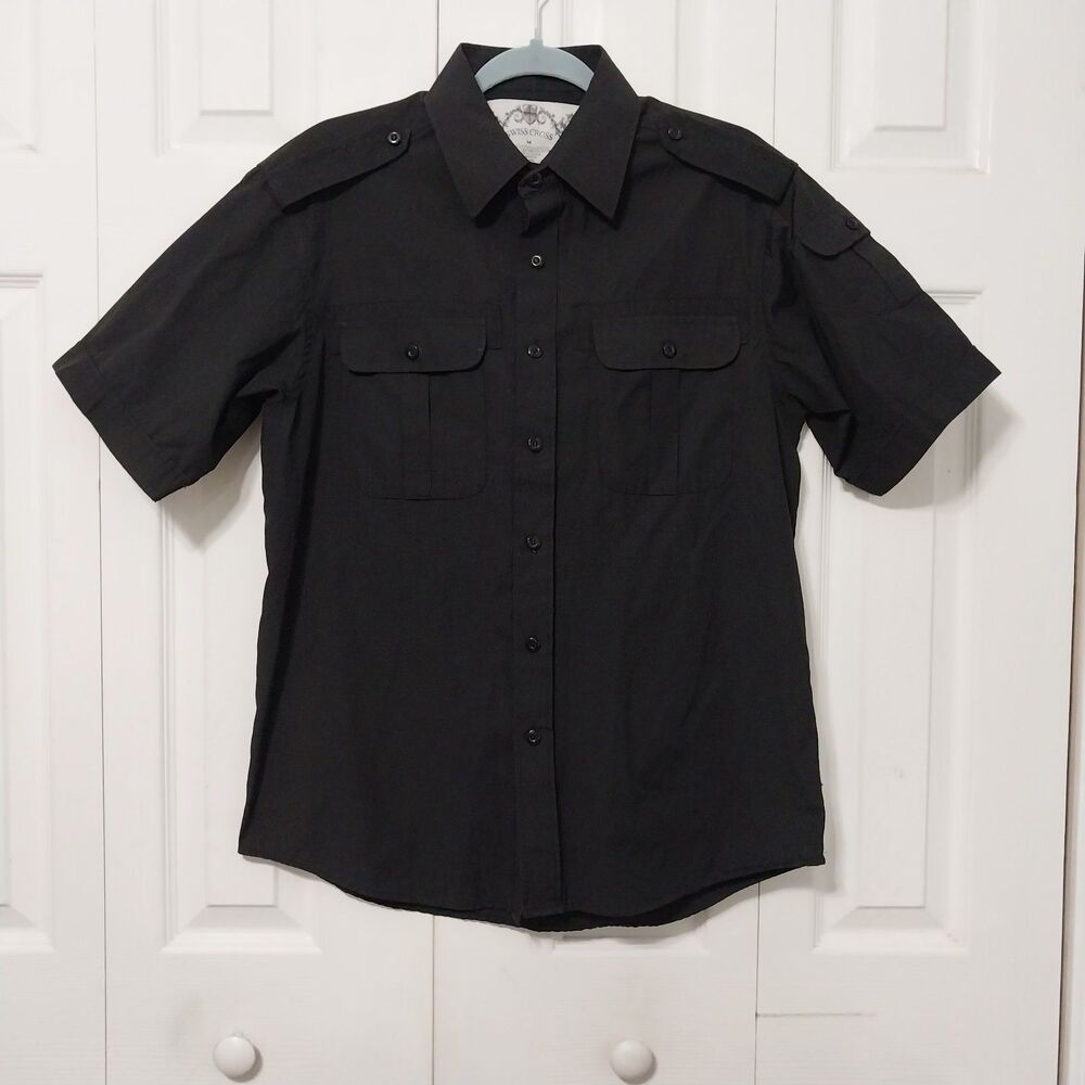 Swiss Cross Mens Shirt M Black Short Sleeve Pockets Utility Military Workwear